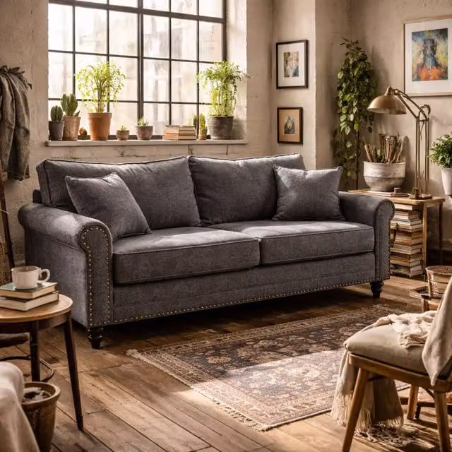 Wyld Haus Tael Yolo Grey Fabric 3 Seater Sofa with 2 Scatter Cushions