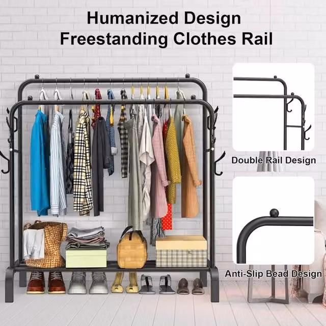 SPETLEK Metal Double Rail Clothes Garment Hanging Rack with Shelf, Black, H 150 x W 110 x D 60 cm – 1