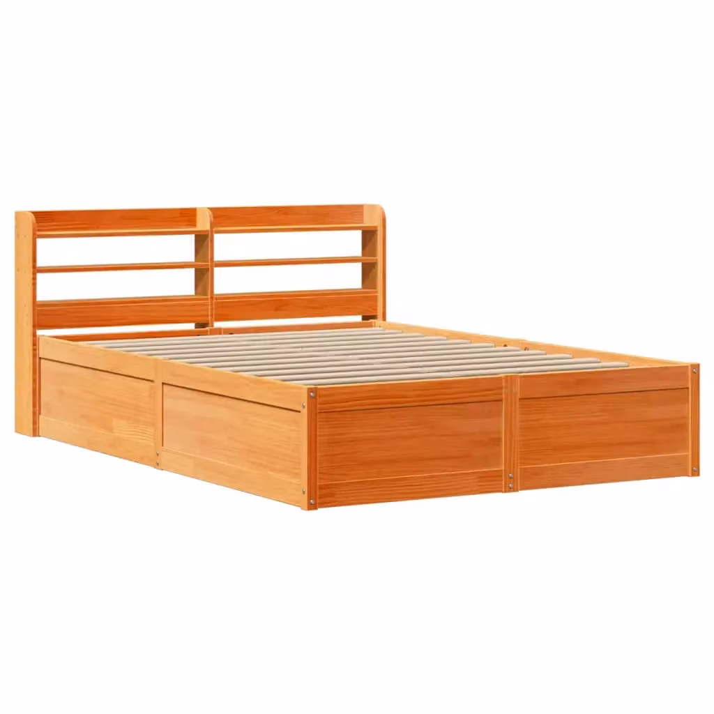 Berkfield Home Double Bed Frame with Headboard in Wax Brown Solid Pine Wood, W/D/H: 135 x 190 cm – 2