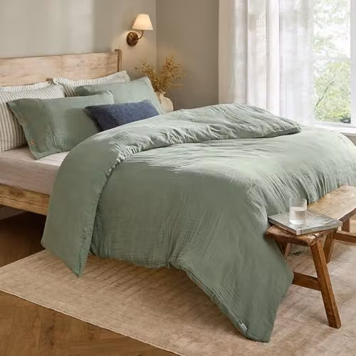 Riva Home Green Cotton Muslin Duvet Cover Set, W/D/H: 180 x 200 cm
