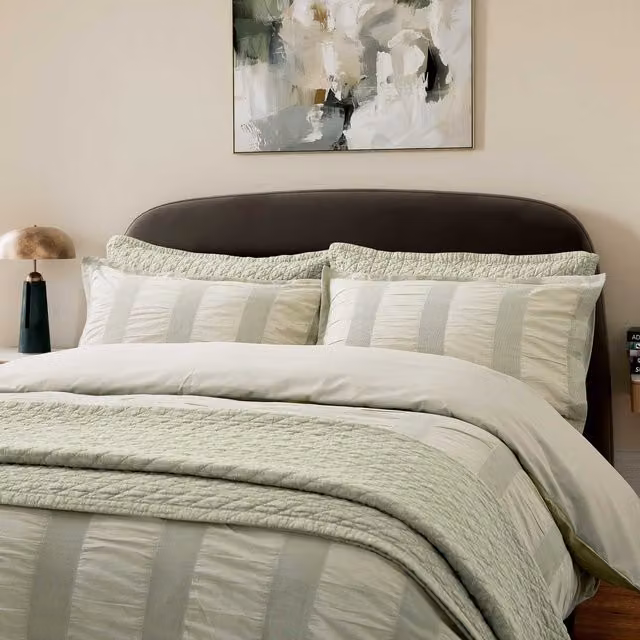 Bedeck of Belfast Woven Waffle Stripe Cotton Kingsize Duvet Cover and Pillowcase Set, Sage Green, 180 x 200 cm