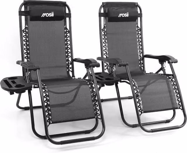 Mosii Black Folding Zero Gravity Sun Loungers with Adjustable Headrest and Cup Holders