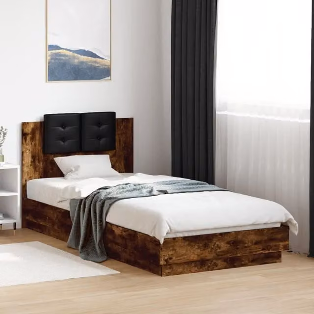 Berkfield Home Modern Bed Frame with LED Under-Bed Lighting and USB Charging Port in Smoked Oak Brown, W: 100 cm, D: 200 cm – 1