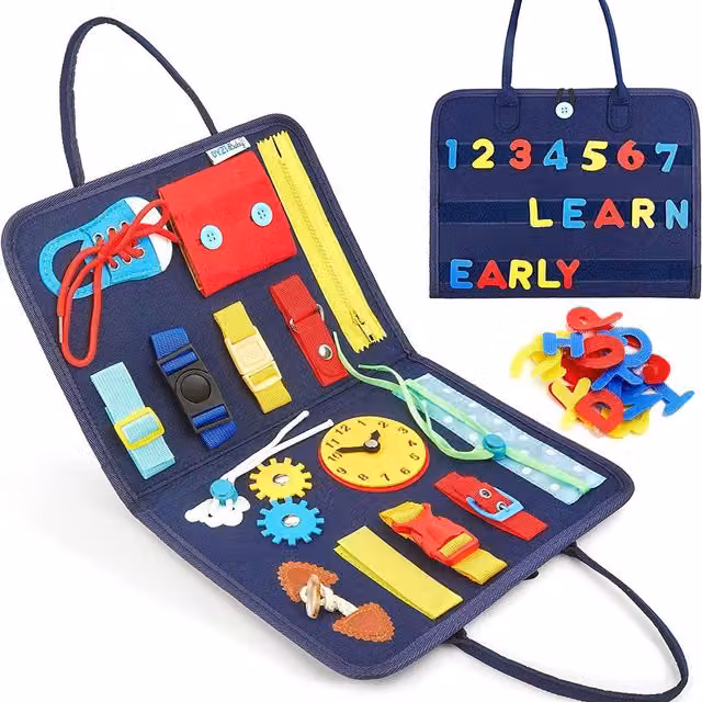 Dyzi Montessori Busy Board Blue Sensory Textile Travel Toy