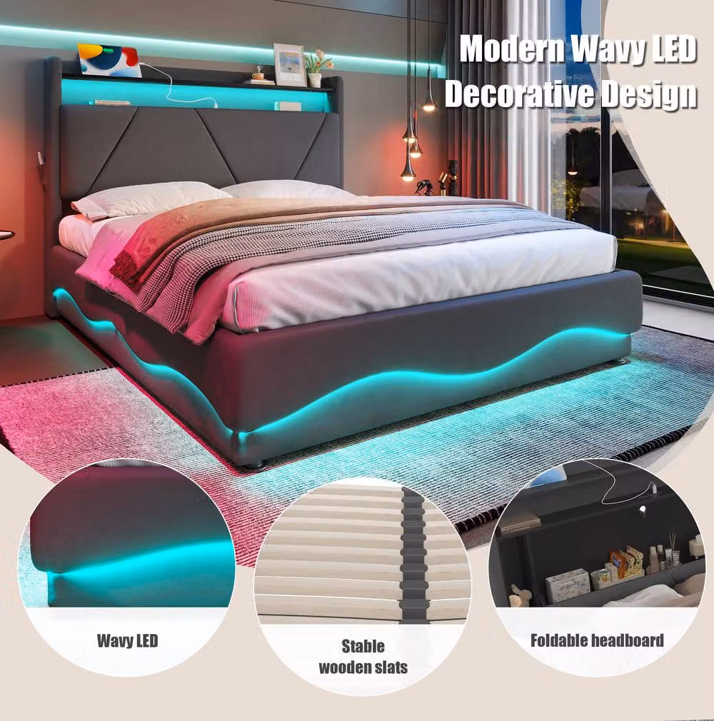 STILVORA Grey Velvet Double Upholstered Bed with Storage, USB Charging Ports, Bedside Shelves and Under-bed Lighting, W/D/H: 140 x 200 cm – 6