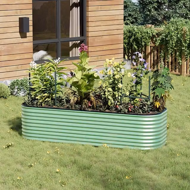 Lifeideas Oval Metal Raised Flower Bed in Light Green, W: 240 cm, D: 80 cm, H: 56 cm