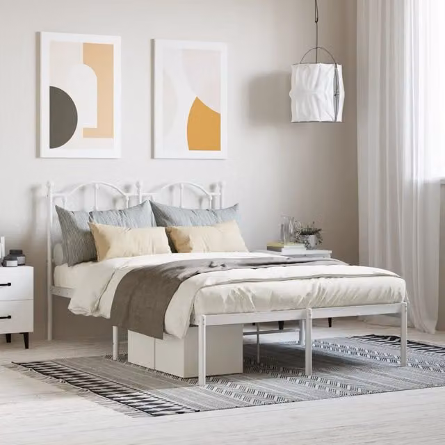 Berkfield Home Metal Bed Frame with Headboard in White, W/D/H: 120 x 200 cm