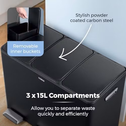Tower 45L Recycling Pedal Bin with Removable Inner Buckets, Black – 5