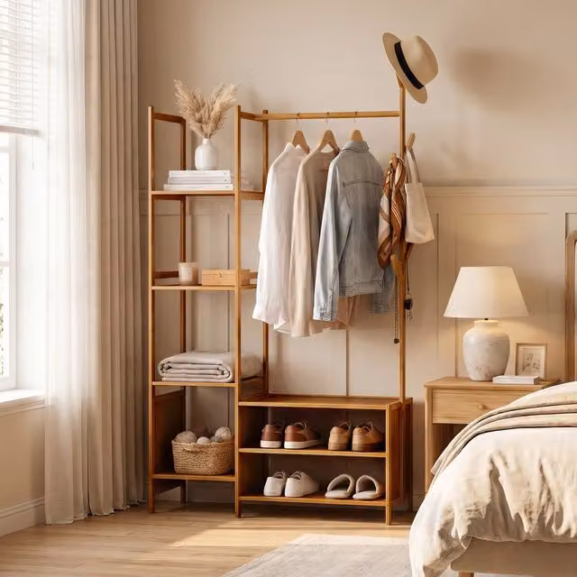 Livingandhome Scandinavian Style Multifunctional Wood Coat Rack with Dual Hook and Rail Matrix in Brown
