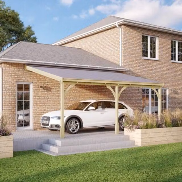 Rutland County Garden Furniture Ltd 3 Post Wood Carport with Bitumen Shingle Roof, Light Green, W: 578 cm, D: 350 cm, H: 270 cm