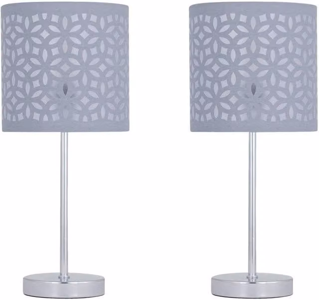 First Choice Lighting Set of 2 Chrome Stick Table Lamps with Grey Fabric Shades