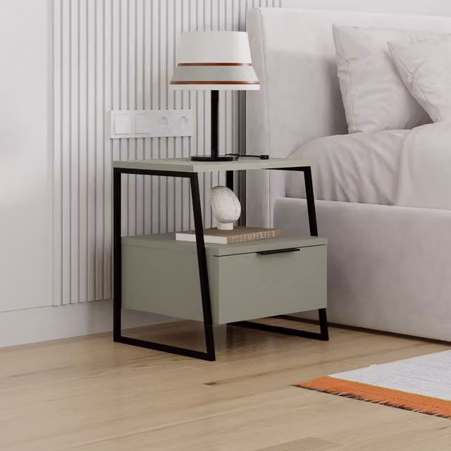 FWStyle Ash Green 1 Door Bedside Table with Black Metal Frame and Handle