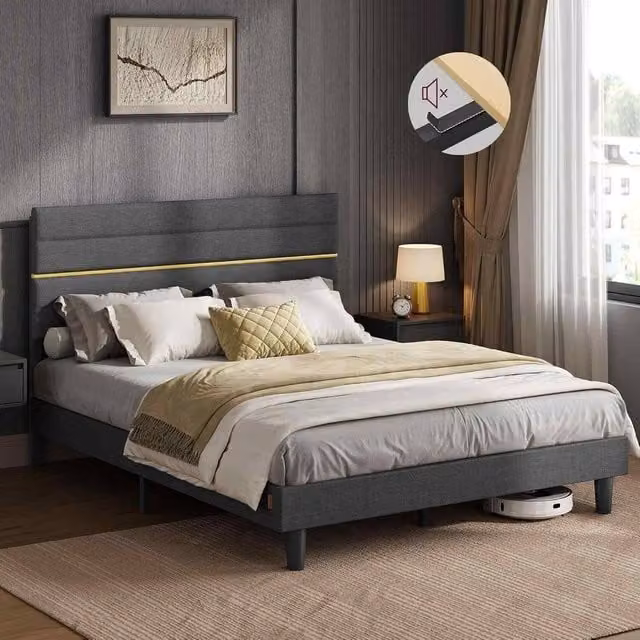 The Bazaarist King Upholstered Bed Frame with Adjustable Headboard in Grey