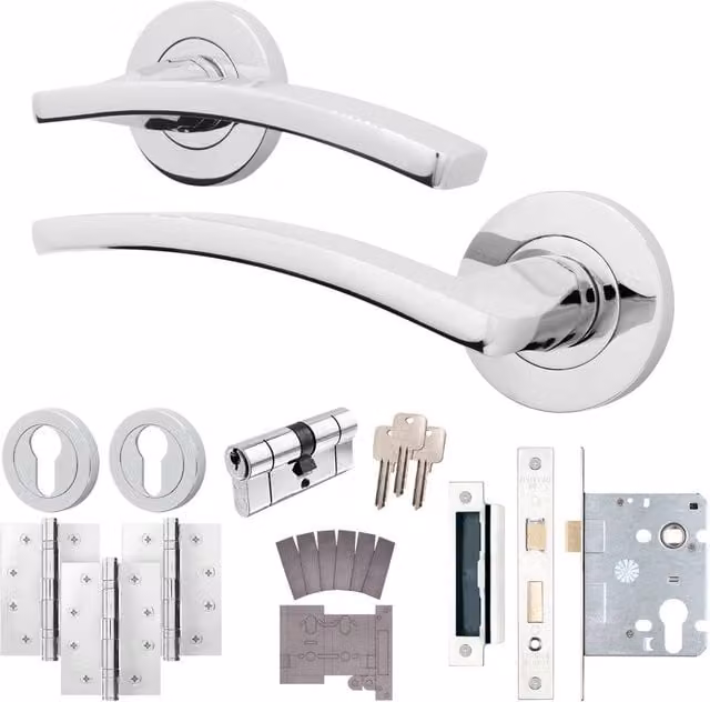 AFIT Polished Chrome Fire Door Handle and Euro Lock Cylinder Set with Silver Hinges, W/D/H: 15 x 15 x 15 cm
