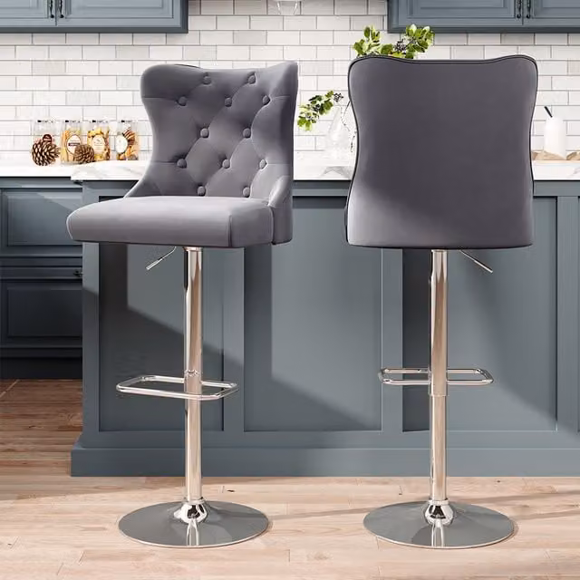 Livingandhome Set of 2 Grey Velvet Adjustable Bar Stools with Button-Tufted Backrest