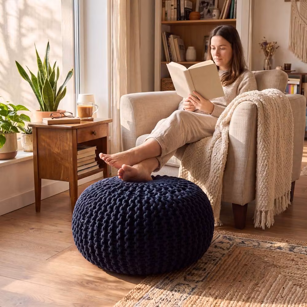 Bravich LTD Chunky Knitted Cotton Round Pouffe Footstool in Blue, Diameter: 50 cm – 9