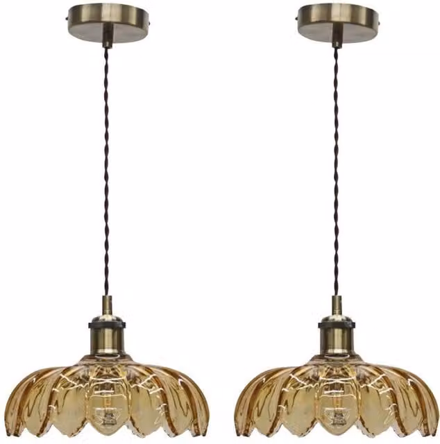First Choice Lighting Alice Set of 2 Amber Leaf Pendant Shades with Antique Brass Flex in Yellow