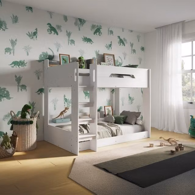 Gravity Modern Two-Level Childrens Bunk Bed in White with Stairs and Side Compartments