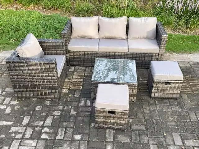 Fimous 5 Piece Outdoor Lounge Sofa Set in Dark Grey with PE Rattan, Upholstered Cushions and Coffee Table