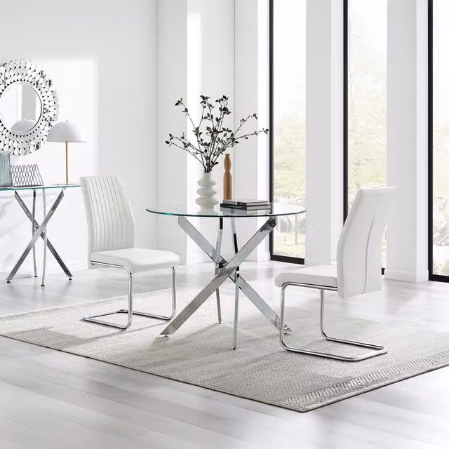 FurnitureboxUK Novara Round Glass Dining Table and Two Lorenzo Chairs Set in White and Transparent