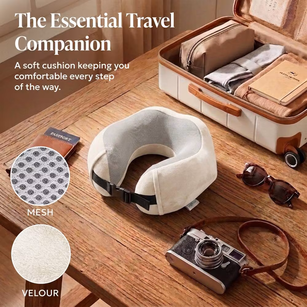 Lugg U-Shaped Memory Foam Travel Neck Pillow with Removable Cooling Cover and Storage Bag in Beige – 6