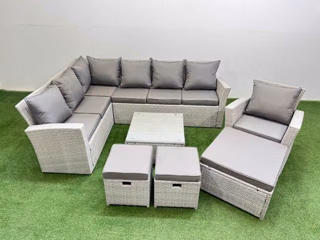 Fimous 10 Seater L-Shape Corner Garden Sofa Set in Light Grey with Coffee Table and Ottoman