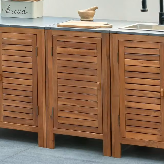 Wyld and Coco Outdoor Kitchen Cabinet in Brown Acacia Wood and Steel
