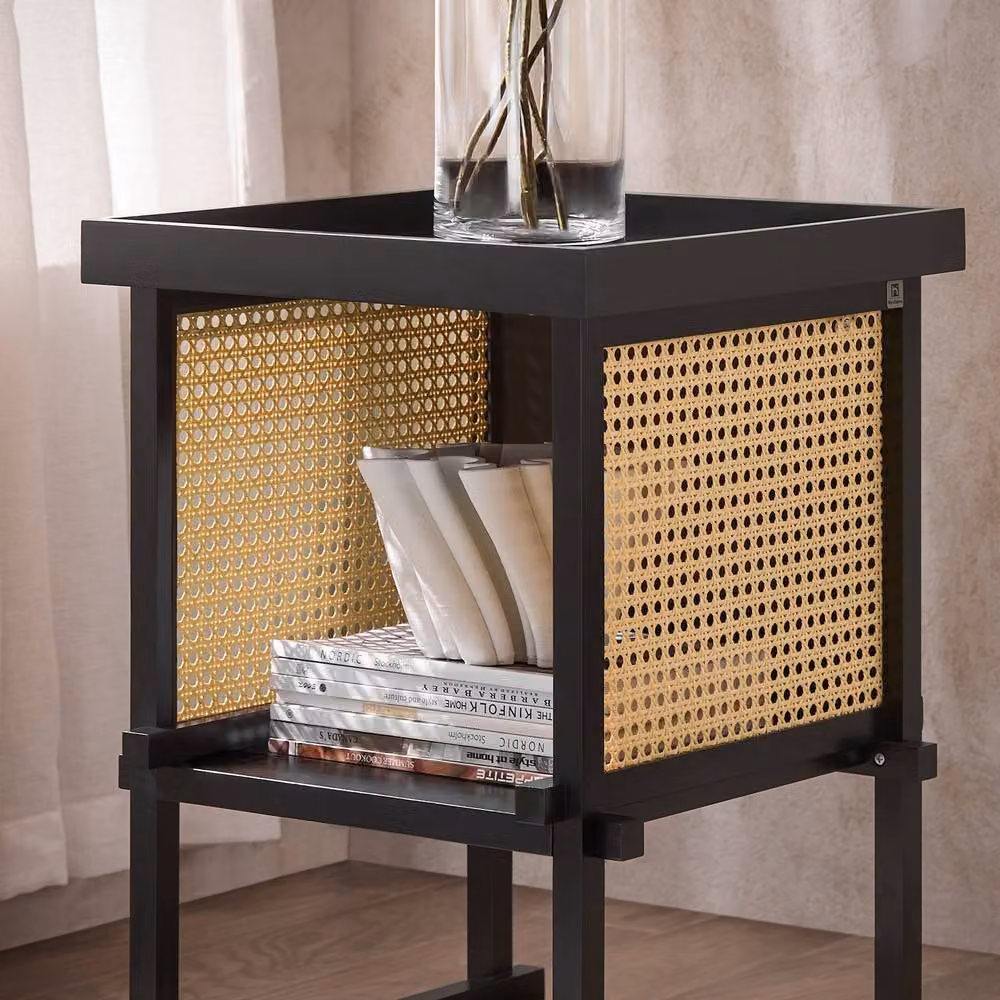 SoBuy Modern Black Compact Side Table with Rattan Detail – 4