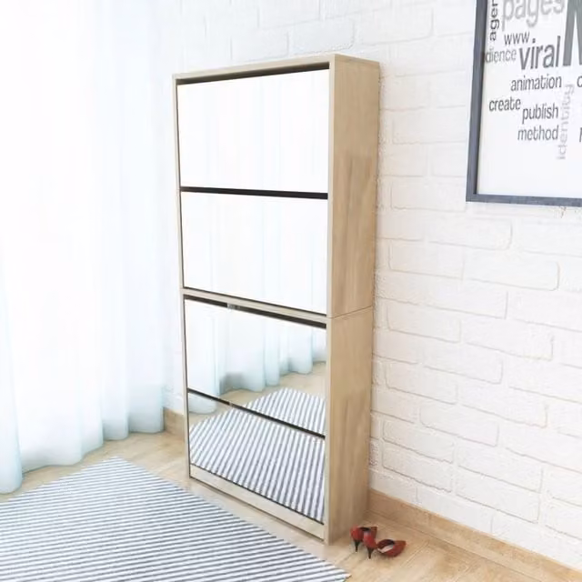 Berkfield Home 4-Layer Oak Shoe Cabinet with Mirror in Brown, W/D/H: 63 x 17 x 134 cm
