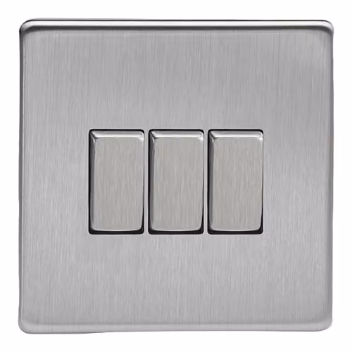 Varilight Triple Rocker 2-Way Light Switch in Screwless Brushed Steel, Silver – 1