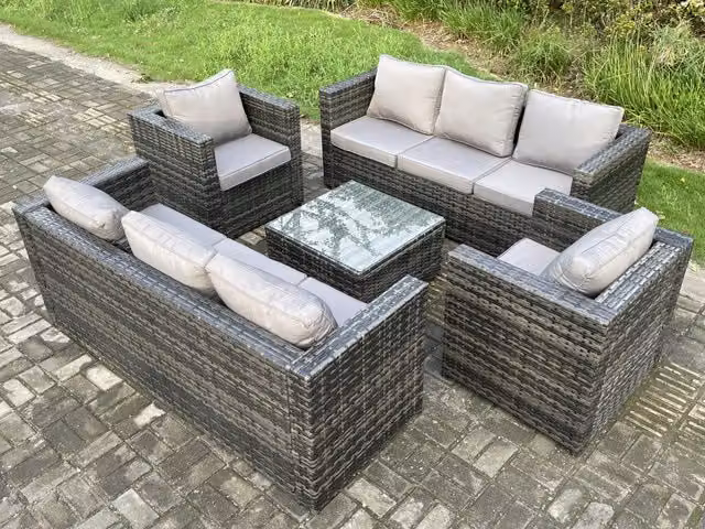 Fimous 8 Seater Rattan Garden Furniture Set in Grey with U-Shape Sofa, Armchairs and Coffee Table