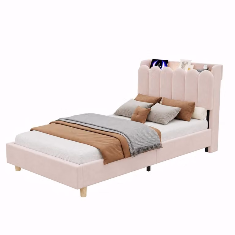 Rolipo Single Platform Bed Frame in Pink Velvet with USB Charging Port, Bedside Shelf and Integrated Reading Light, W/D/H: 90 x 190 cm