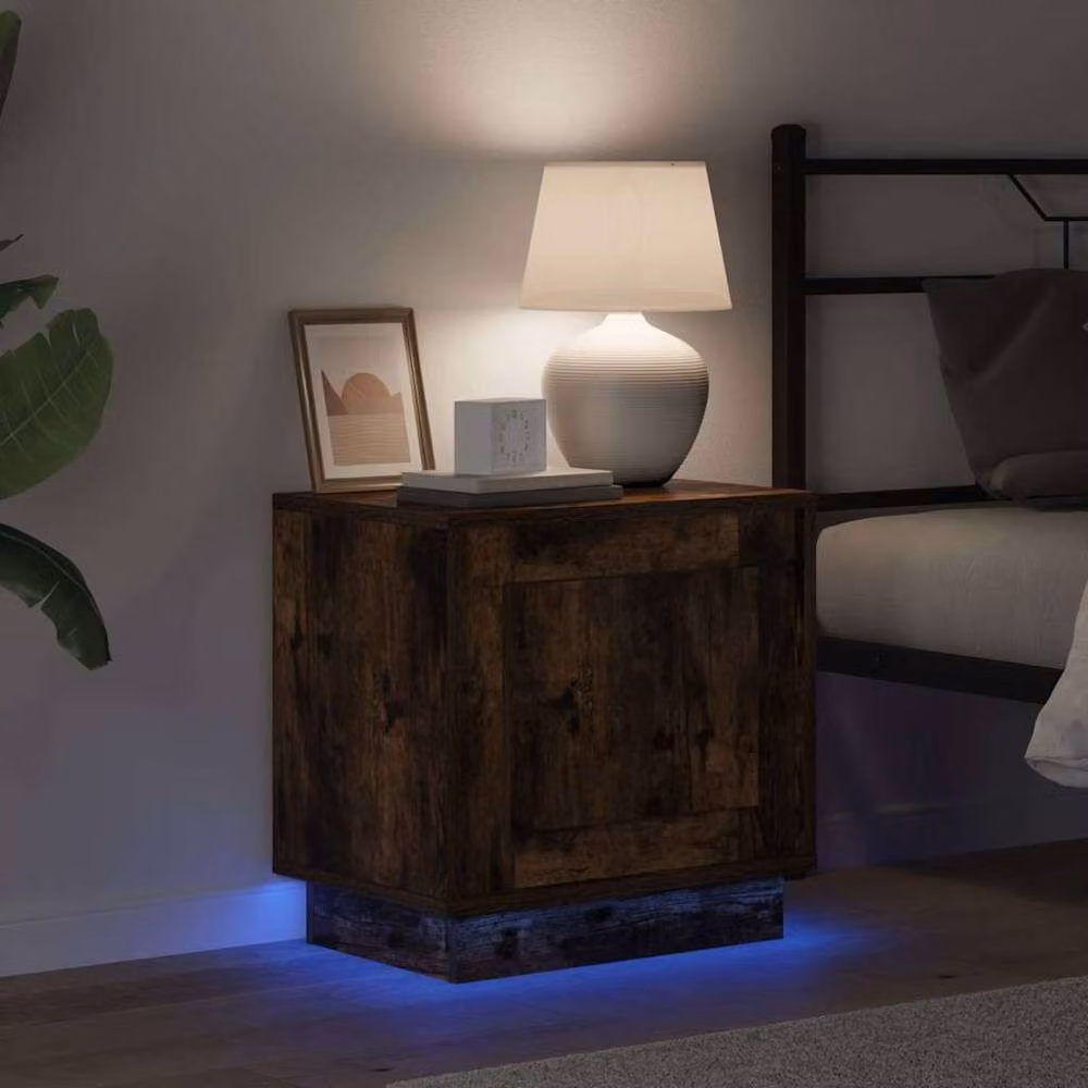 Berkfield Home Beautiful Bedside Cabinets with Integrated LED Lights, Set of 2, Smoked Oak, Brown, W: 44 in, D: 34 in – 4