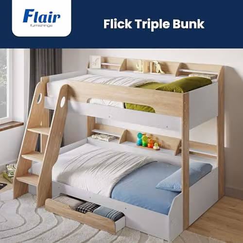 Flair Flick Triple Bunk Bed with Storage and Stairs in Oak, Single Size, H 198.0 x W 158.9 x D 164.5 cm – 2