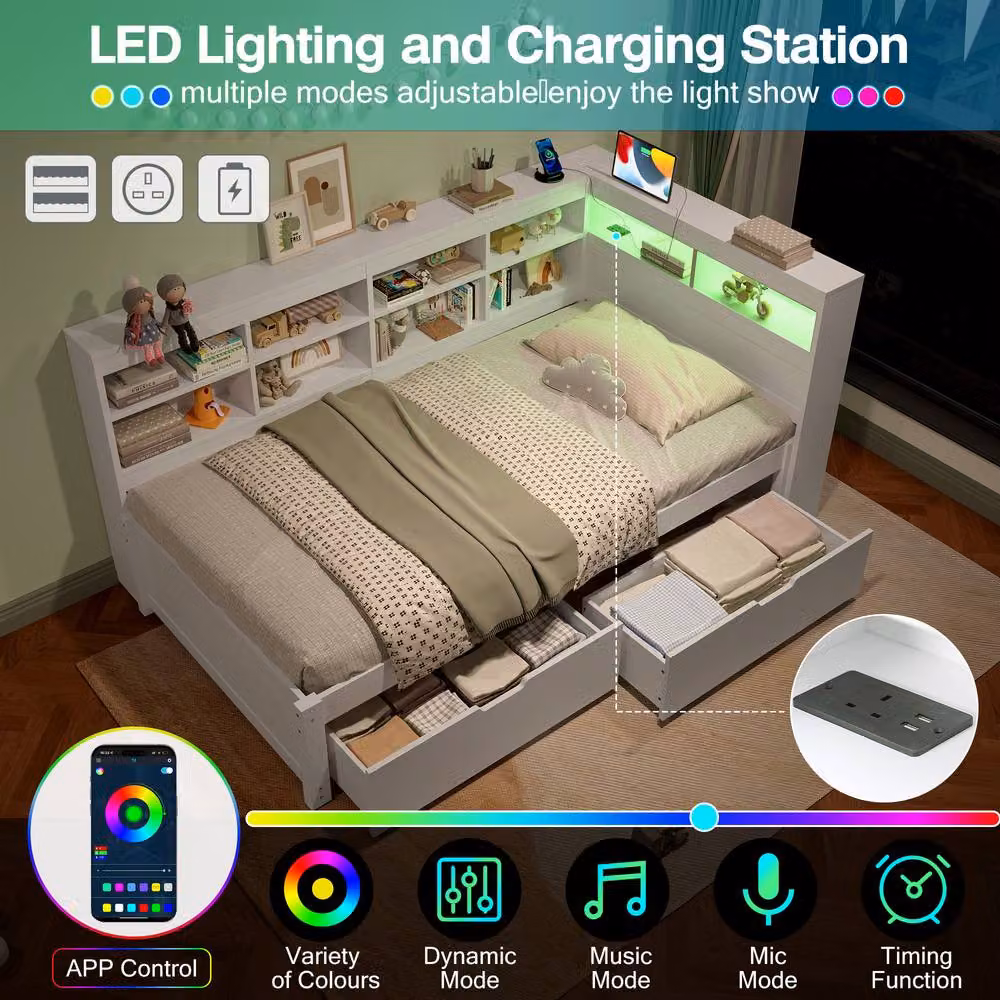 STILVORA White Single Bed Frame with USB Charging Port and Drawers, W: 90 cm x L: 190 cm – 3