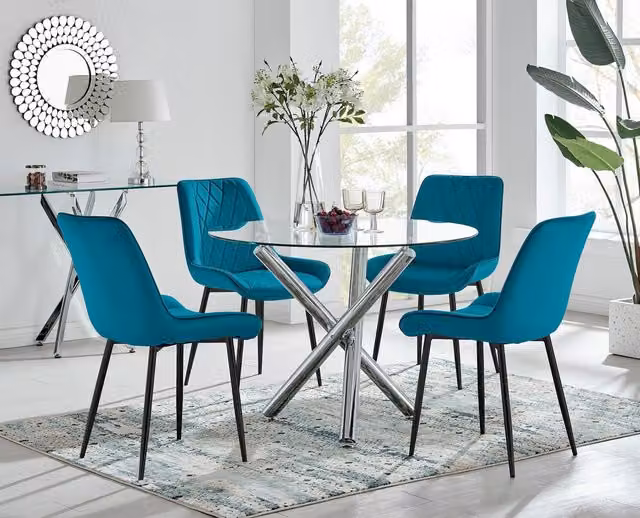 FurnitureboxUK Selina Round Glass Dining Table with Chrome Leg and Pesaro Blue Upholstered Chairs with Black Legs, 4 Person Set