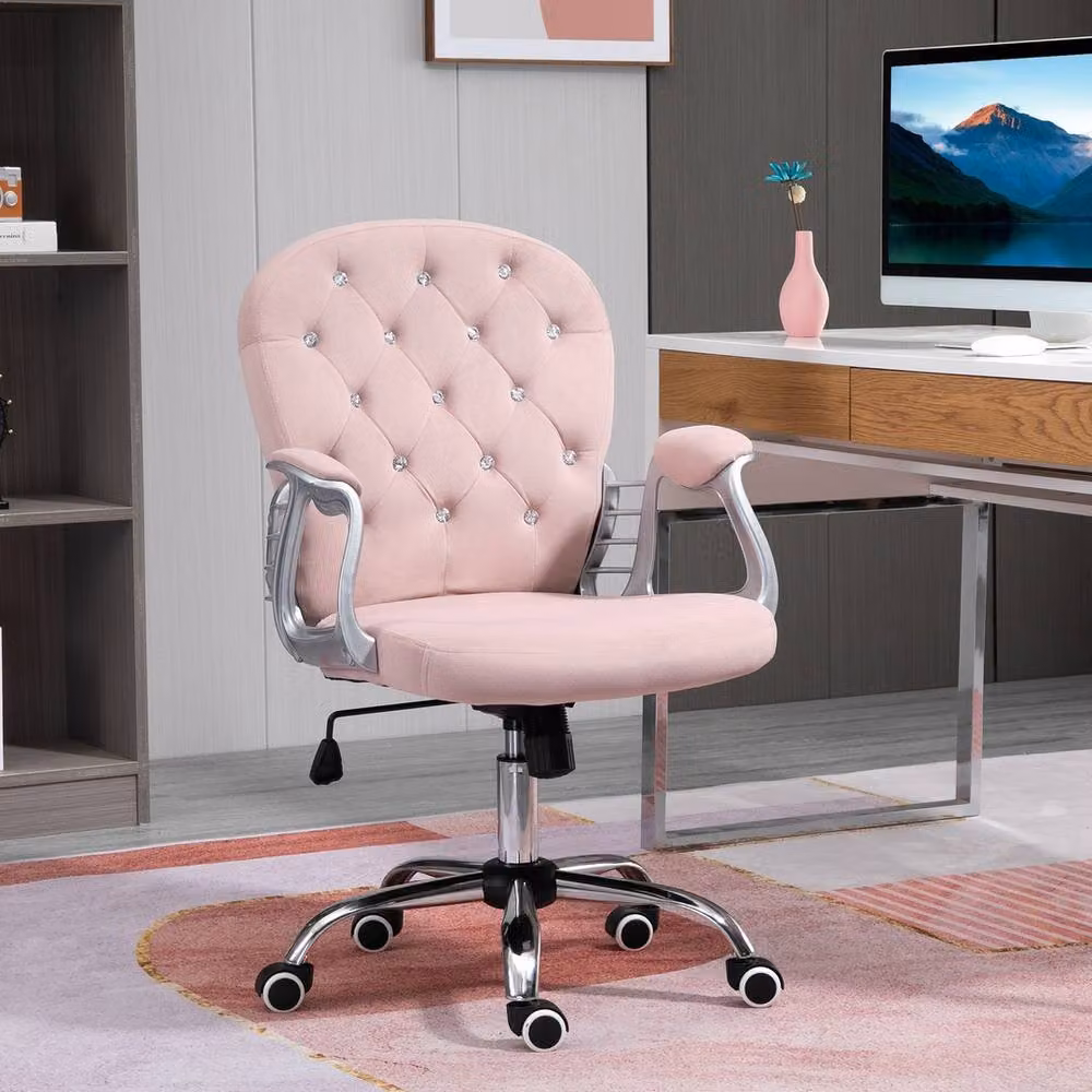 FORGEVIO Ergonomic Pink Velvet Office Chair with Armrests and Diamond Tufted Upholstery – 3