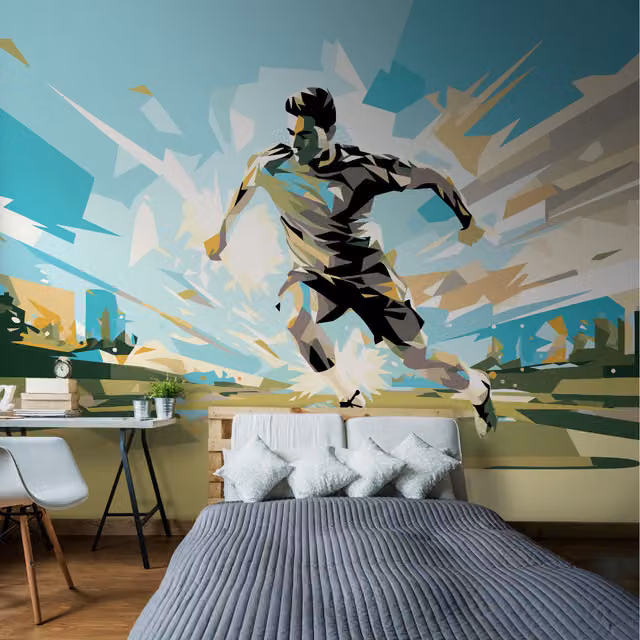 Origin Murals Football Player Abstract Landscape Modern Wall Mural in Blue