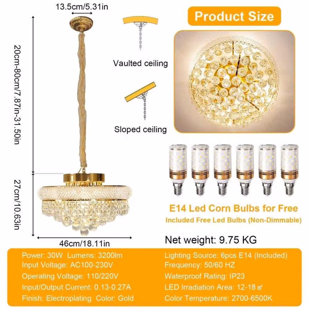 NESTLUNE Round Crystal Ceiling Pendant Light in Gold/Brass, Diameter: 46 cm – 2