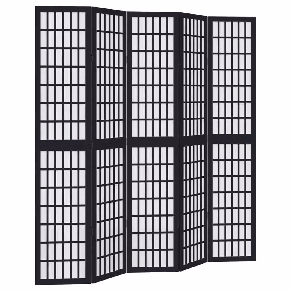 Berkfield Home 5 Panel Room Divider in Black Solid Paulownia Wood, H 175 cm x W 200 cm – 2