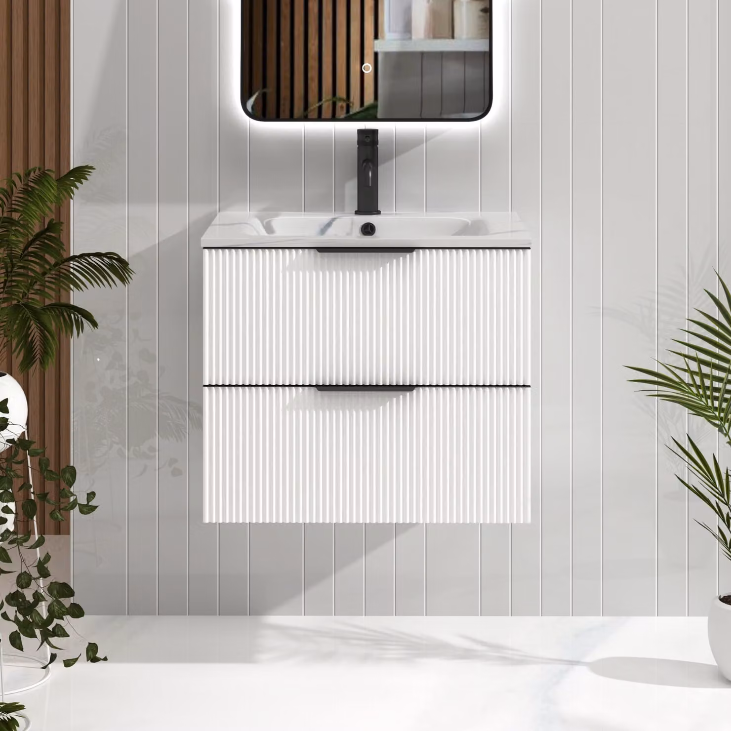 Royal Bathrooms Evora 600mm Matt White Fluted Wall Hung 2 Drawer Vanity Unit with Carrara White Basin and Matt Black Handles
