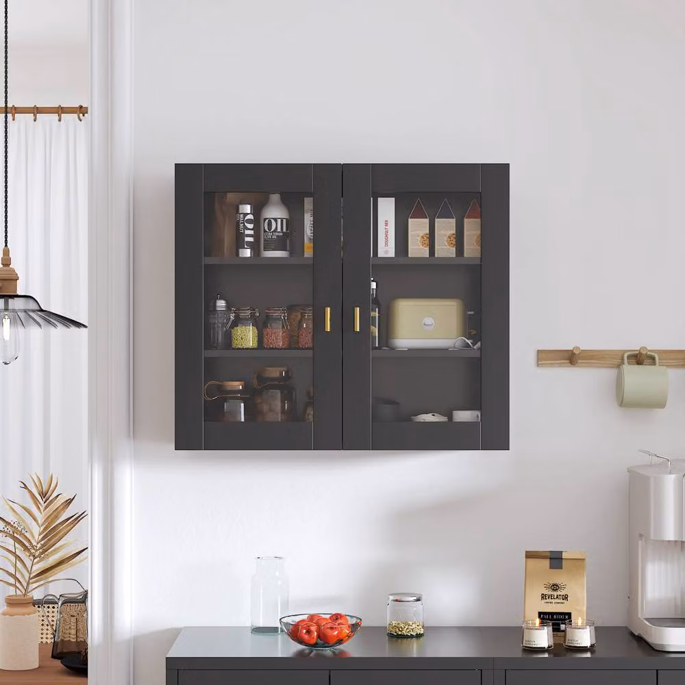 KEEPREAPER Modern Wall Mounted Kitchen Cabinet with 2 Glass Doors, Black and Gold, W/D/H: 70 x 23 x 60 cm – 2