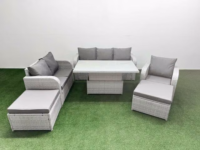 Fimous Patio 8 Seater Grey Rattan Outdoor Furniture Set with Adjustable Lifting Table, 3 Seater Sofa, Loveseat and Coffee Table