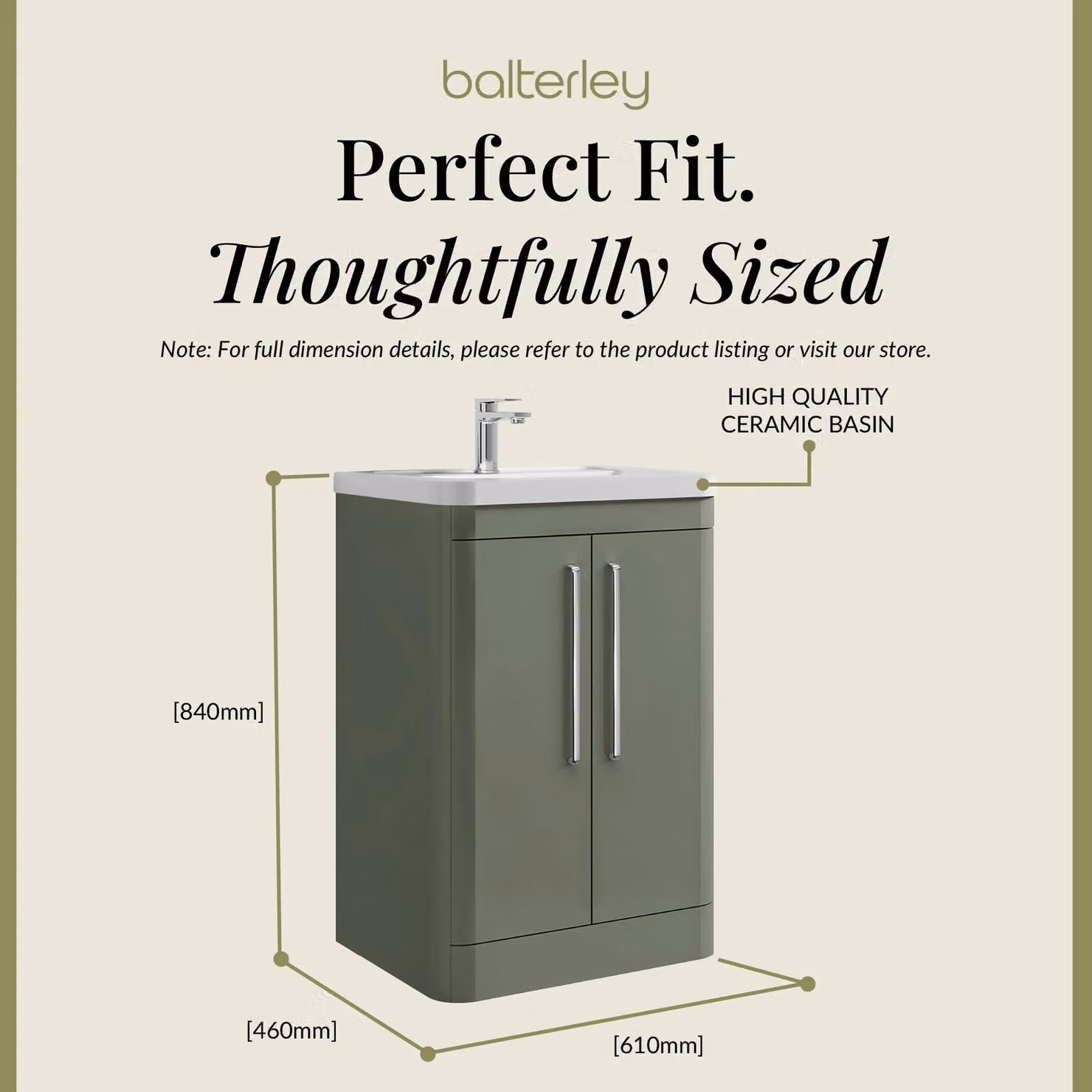 Balterley Contemporary 2 Door Floor Standing Bathroom Vanity Unit, Green, W: 61.0 cm – 3