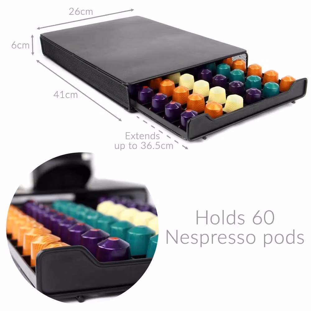 VOGREX Black Metal Coffee Machine Stand with 60 Nespresso Pod Drawer Storage – 2