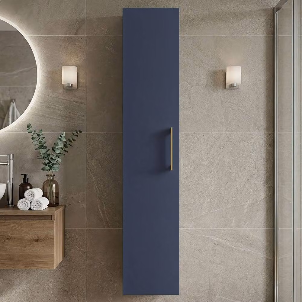 Balterley Bramshall Blue Tall Storage Unit with Soft Close Hinged Door and Brushed Brass Handle, Width: 30 cm – 2