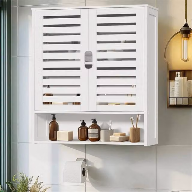 KORVIXA White Wall Mounted Bathroom Medicine Cabinet with Hinged Doors and Internal Shelves, W: 70 cm, H: 75 cm – 1