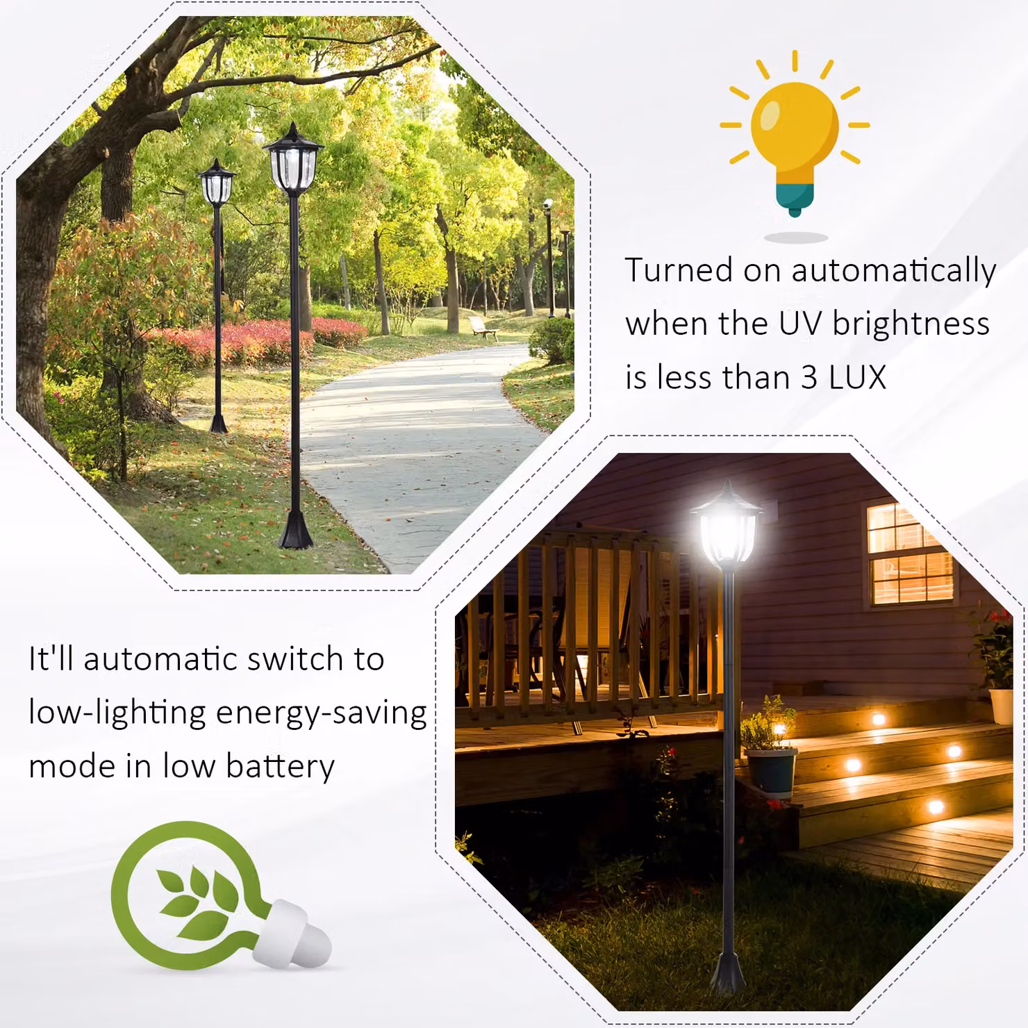Outsunny Set of 6 Solar Powered LED Post Lamp Lanterns in Black with Dusk Sensor and Warm White Light – 5