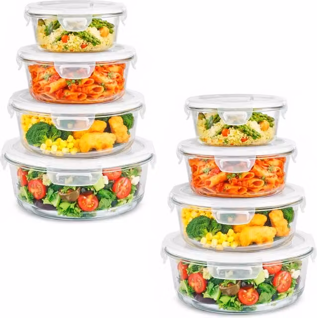 Innoteck Set of 8 Airtight and Leakproof Glass Food Storage Containers with Plastic Lids, Transparent, 1.3 l each