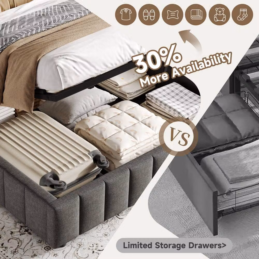 Merax Double Hydraulic Storage Bed in Grey Linen with Lift Up Base, W/D/H: 140 x 200 cm – 6